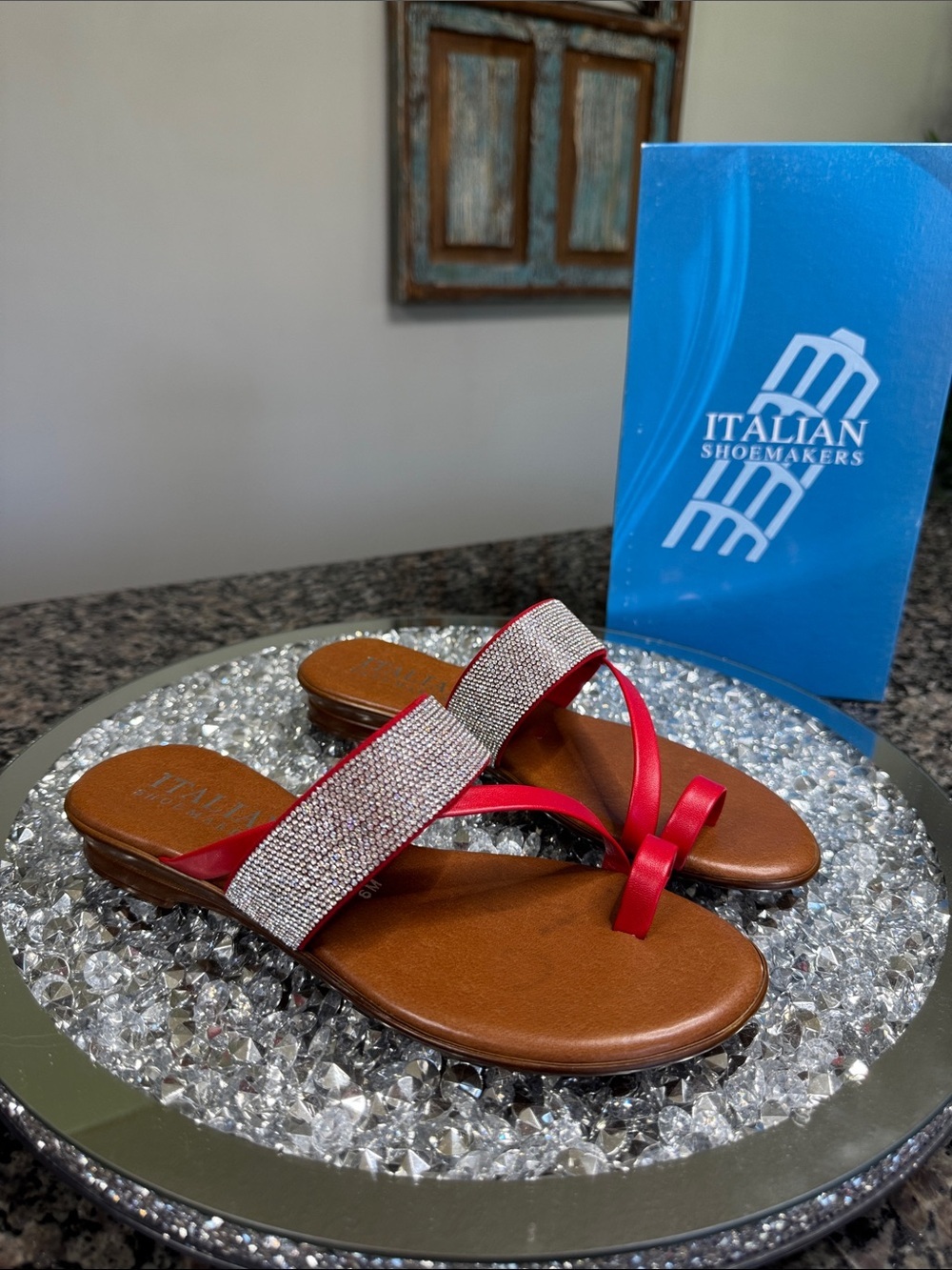 Italian Shoemakers Ryann Red Rhinestone Strap Slide Sandals NEW 6